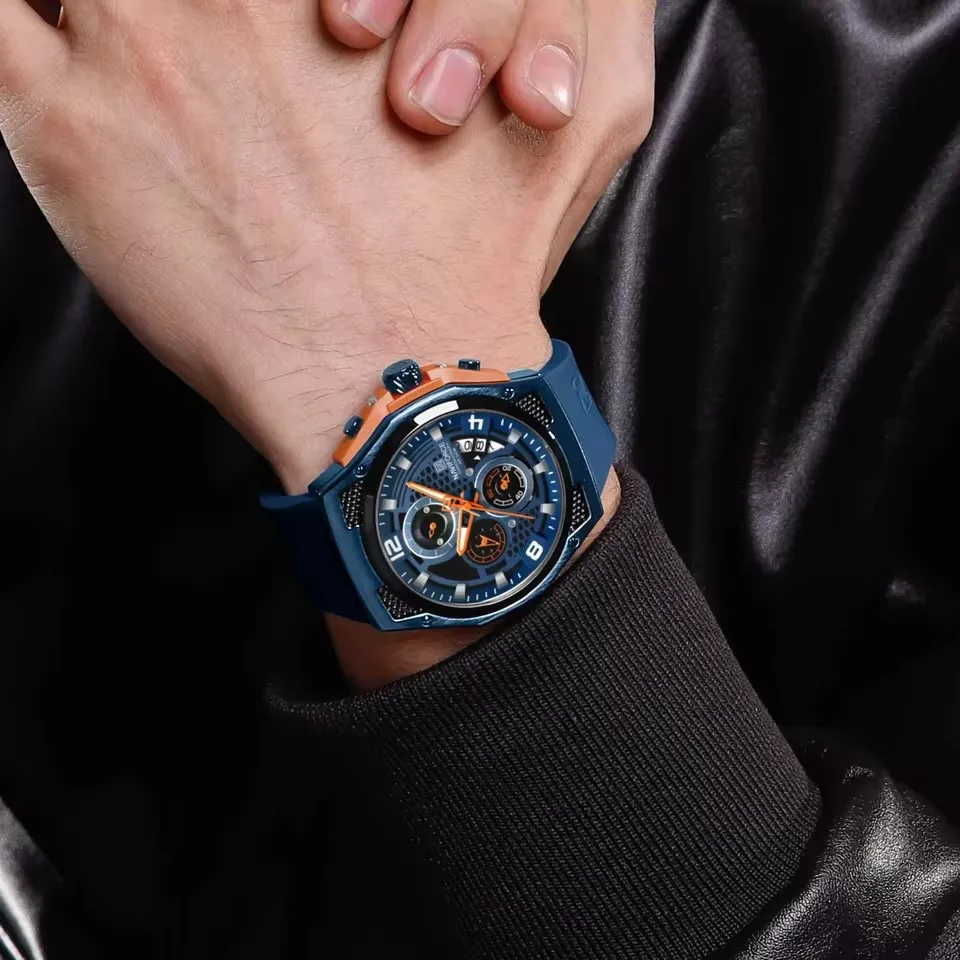 ナビフォース 8051T メンズクォーツ時計カレンダークロノグラフ発光カジュアル防水シリコンストラップ腕時計男性用リロイやつ