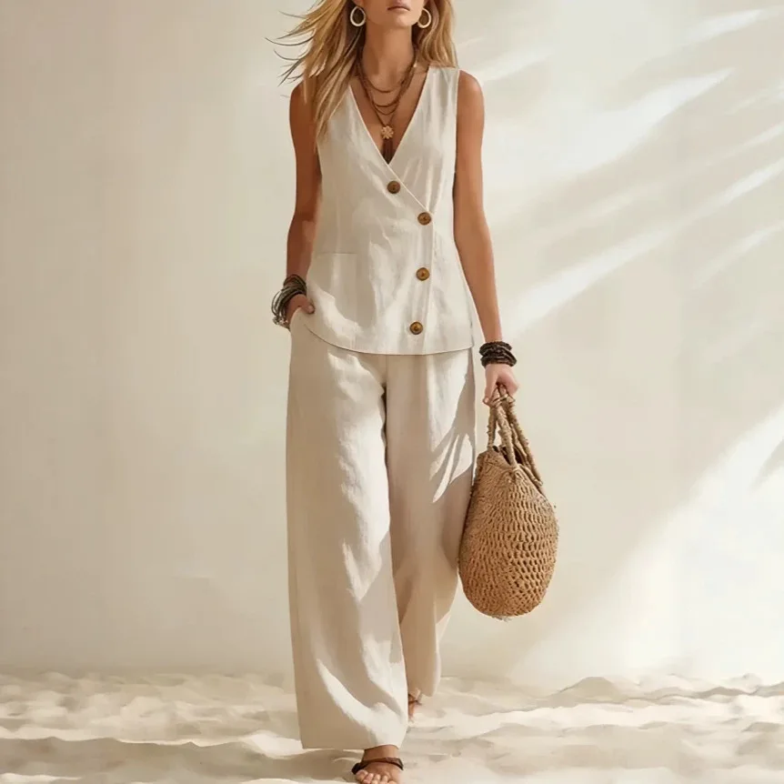 2026 Women's Summer Casual Solid Color Resort Style Button-Up Vest Cardigan Trousers Set 2 Piece Sets Womens Outfits