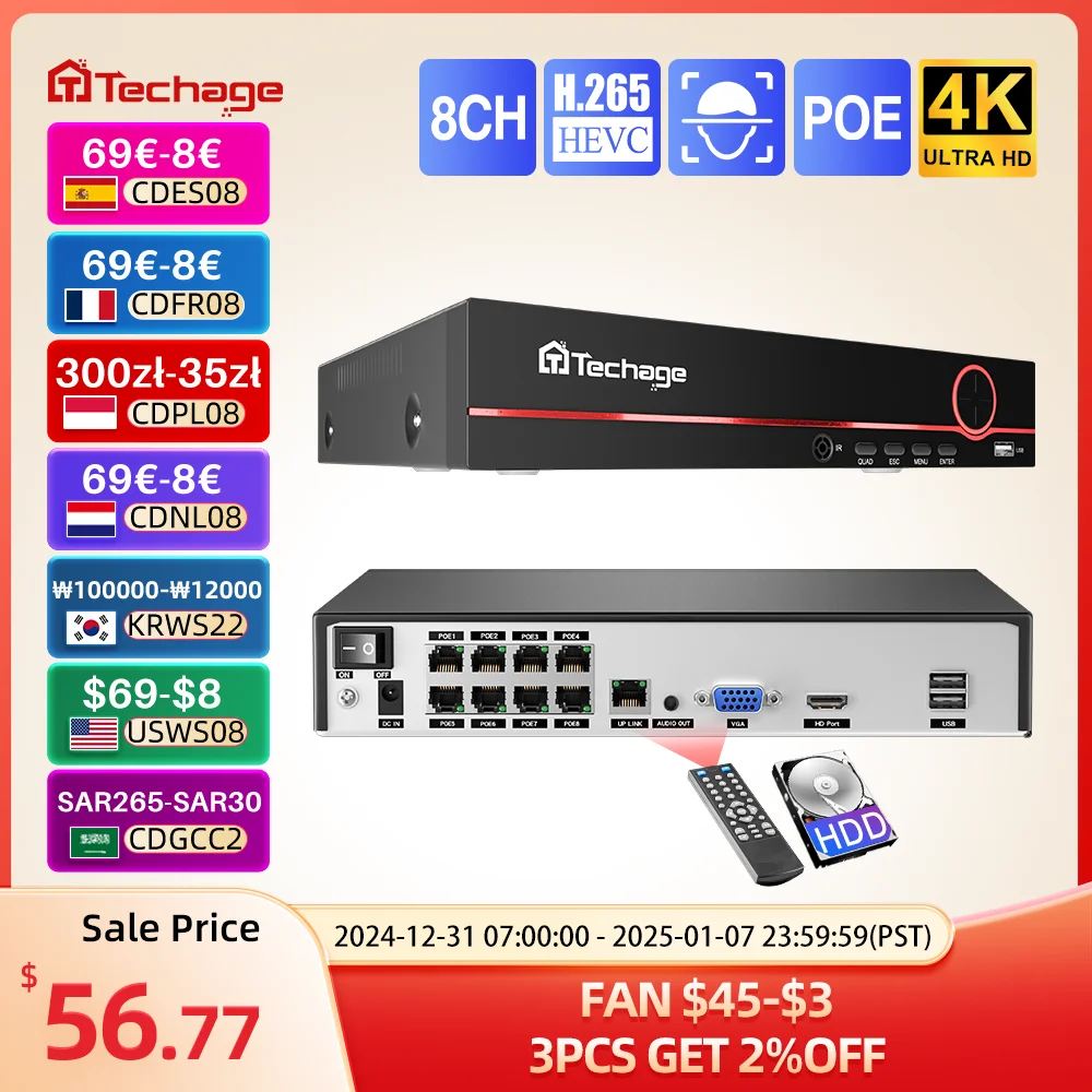 

Techage H.265 8CH 4K 2K POE NVR Security Surveillance Network Video Recorder Up to 16CH For CCTV System POE IP Camera Recorder