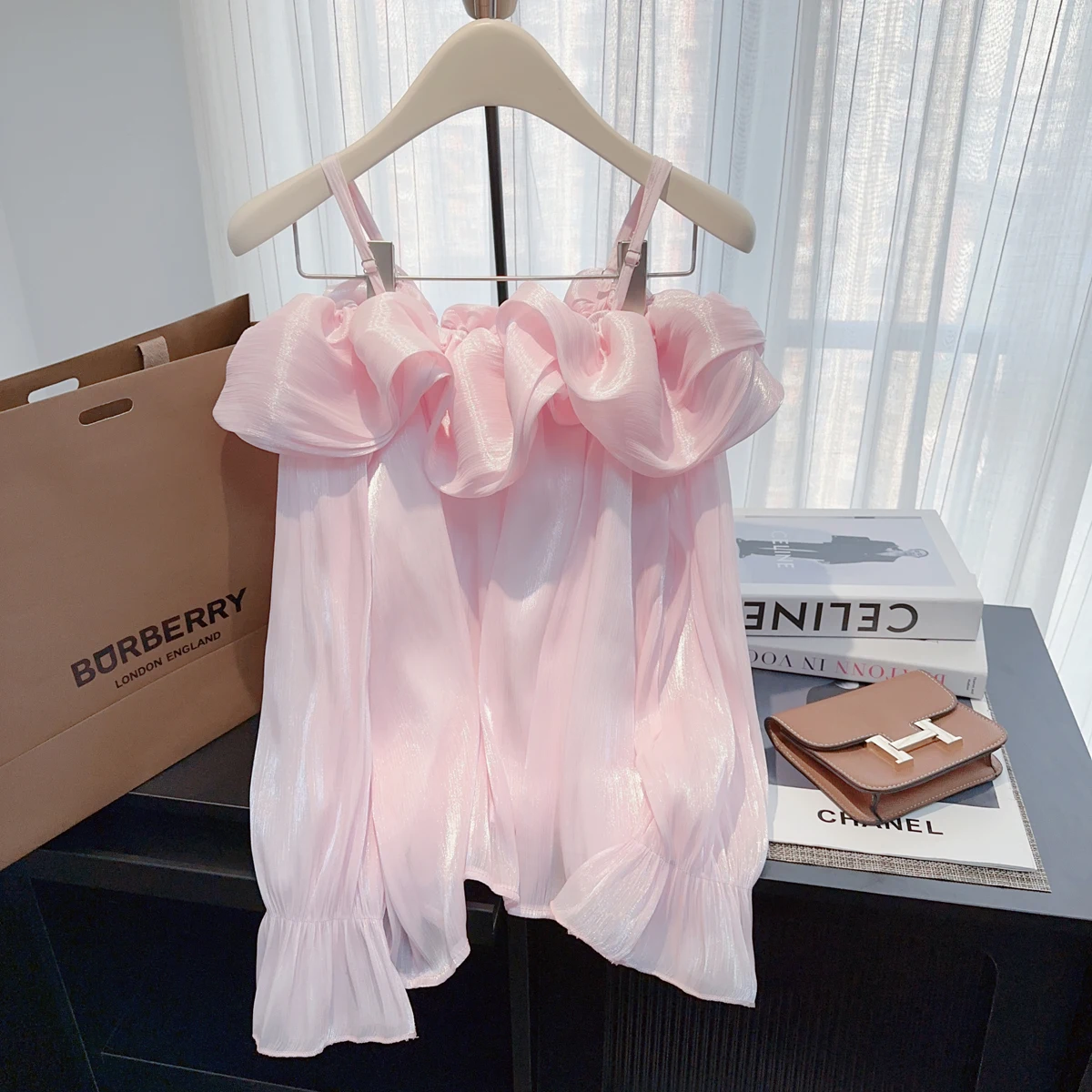 

Pink One-oulder Chiffon Elely Designed Women's irt Ele T Top with Gathered Hem Long Sve Original Design