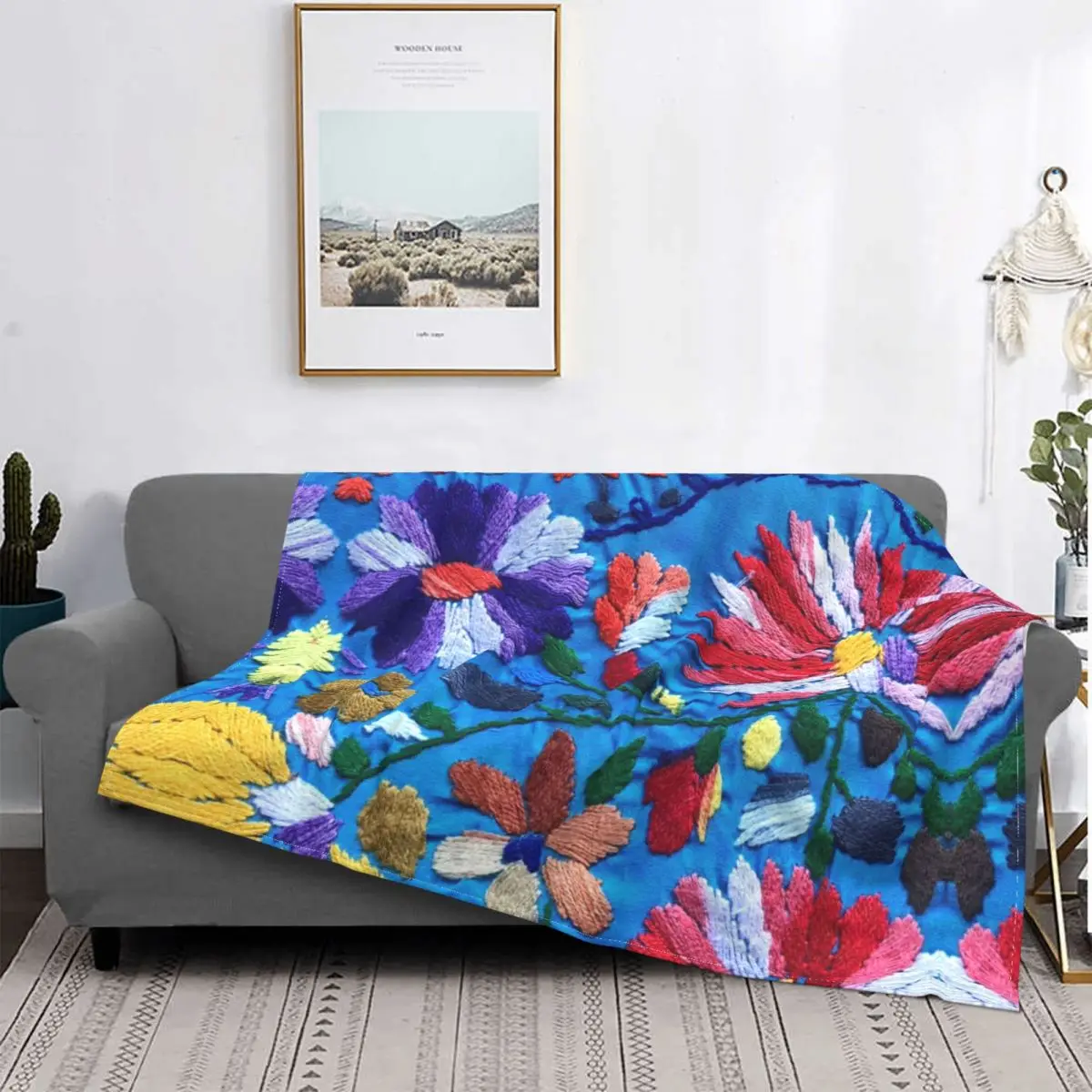 

3D Printed Red White Mexican Flowers Blanket Warm Fleece Soft Flannel Textile Floral Art Throw Blankets for Sofa Travel Autumn