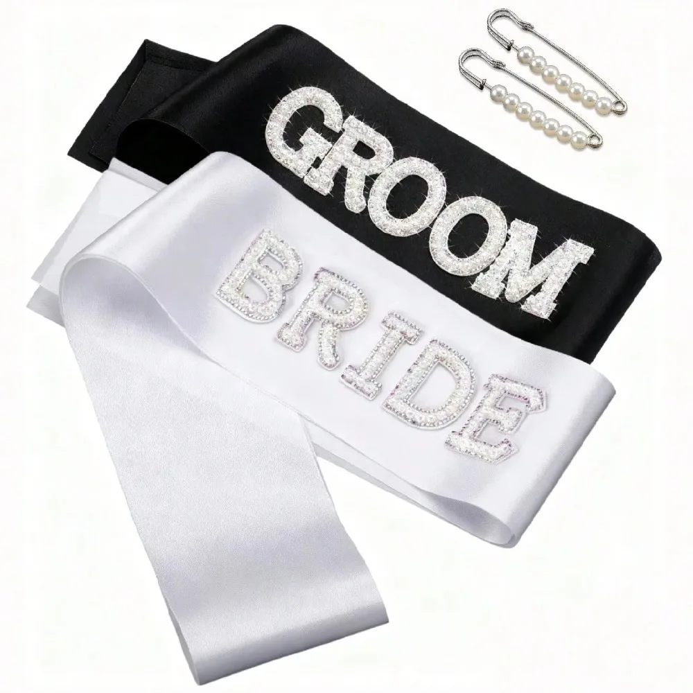 1/2/4Pcs Groom & Bridal Sash Set with Pearl Pins, Pearl Rhinestone Wedding Decor Sash for Wedding Party Decor