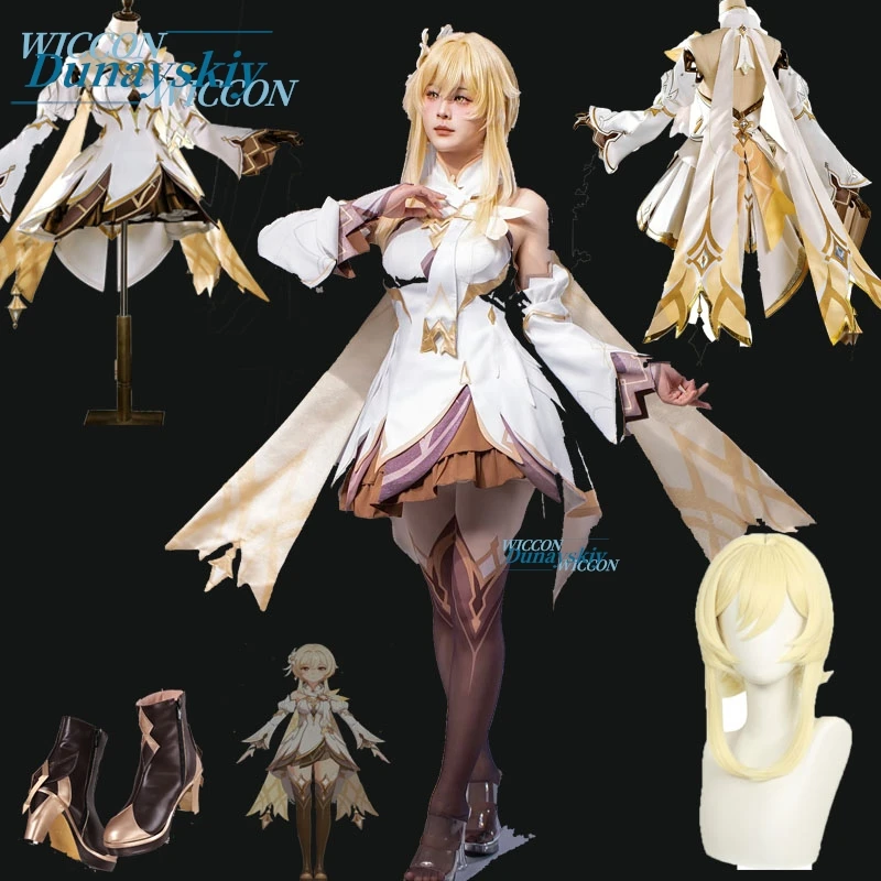 Genshin Impact New Skin Traveler Lumine Cosplay Costume Wig Dress Shoes Accessories Halloween Role Play Props for Women & Girls