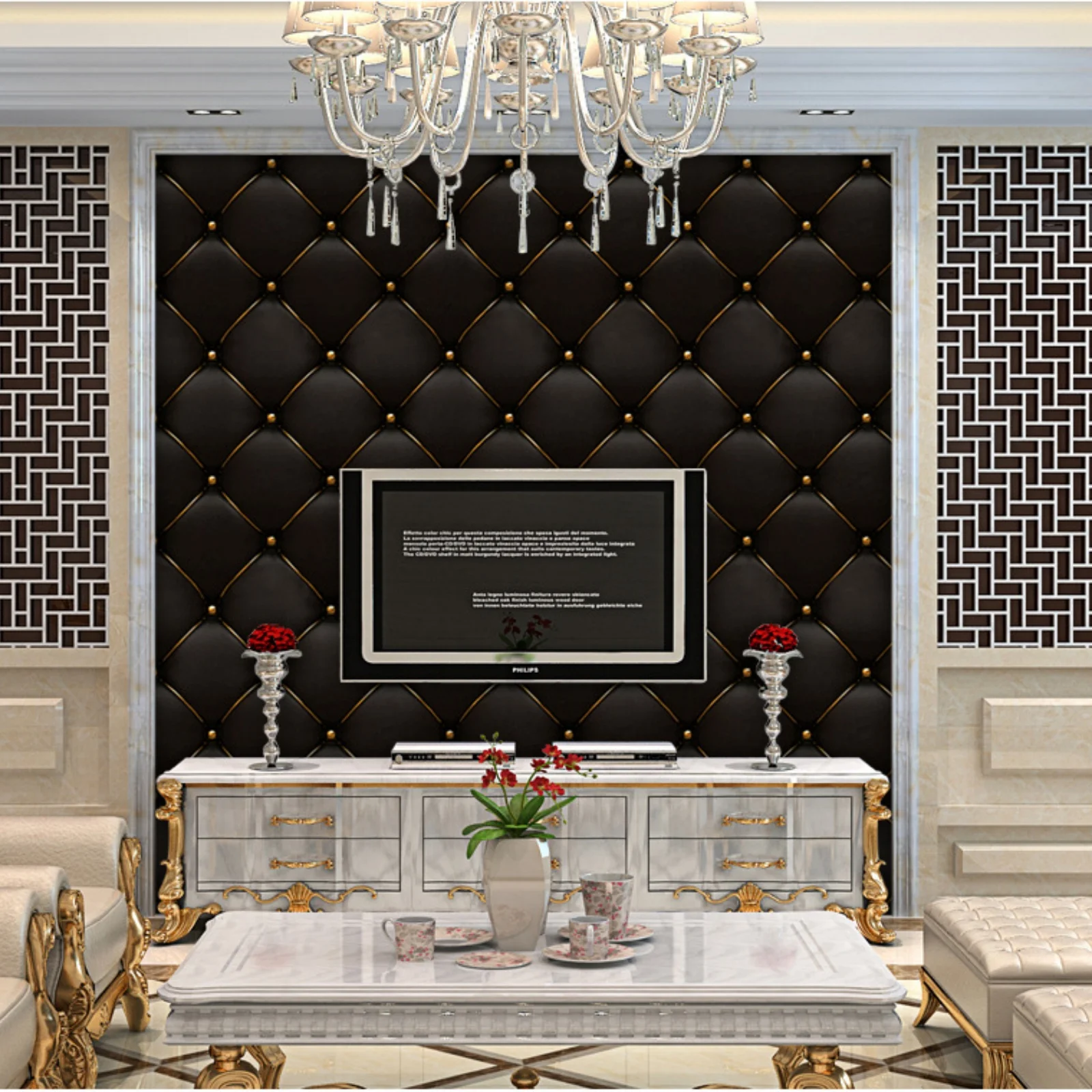 European Luxury 3D Faux Leather Wallpaper Self Adhesive Waterproof Living Room Tv Decoration Wallcoverings Wall Sticker Black