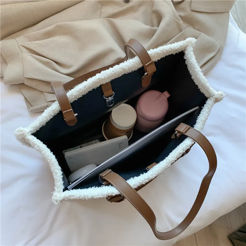 Fashion Wool Handbag Large capacity Female Big Totes Quality Ladies Shoulder bags Soft PU leather Vintage Tote Bag composite bag