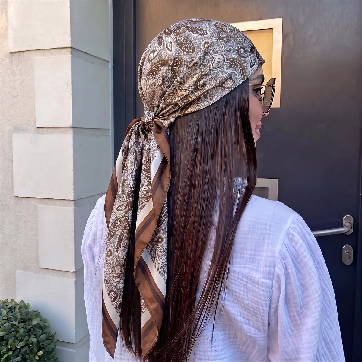 90Cm Vintage Paisley Swirl Square Headscarf For Women Retro Border Ornament Print Large Satin Feel Square Scarf All Match