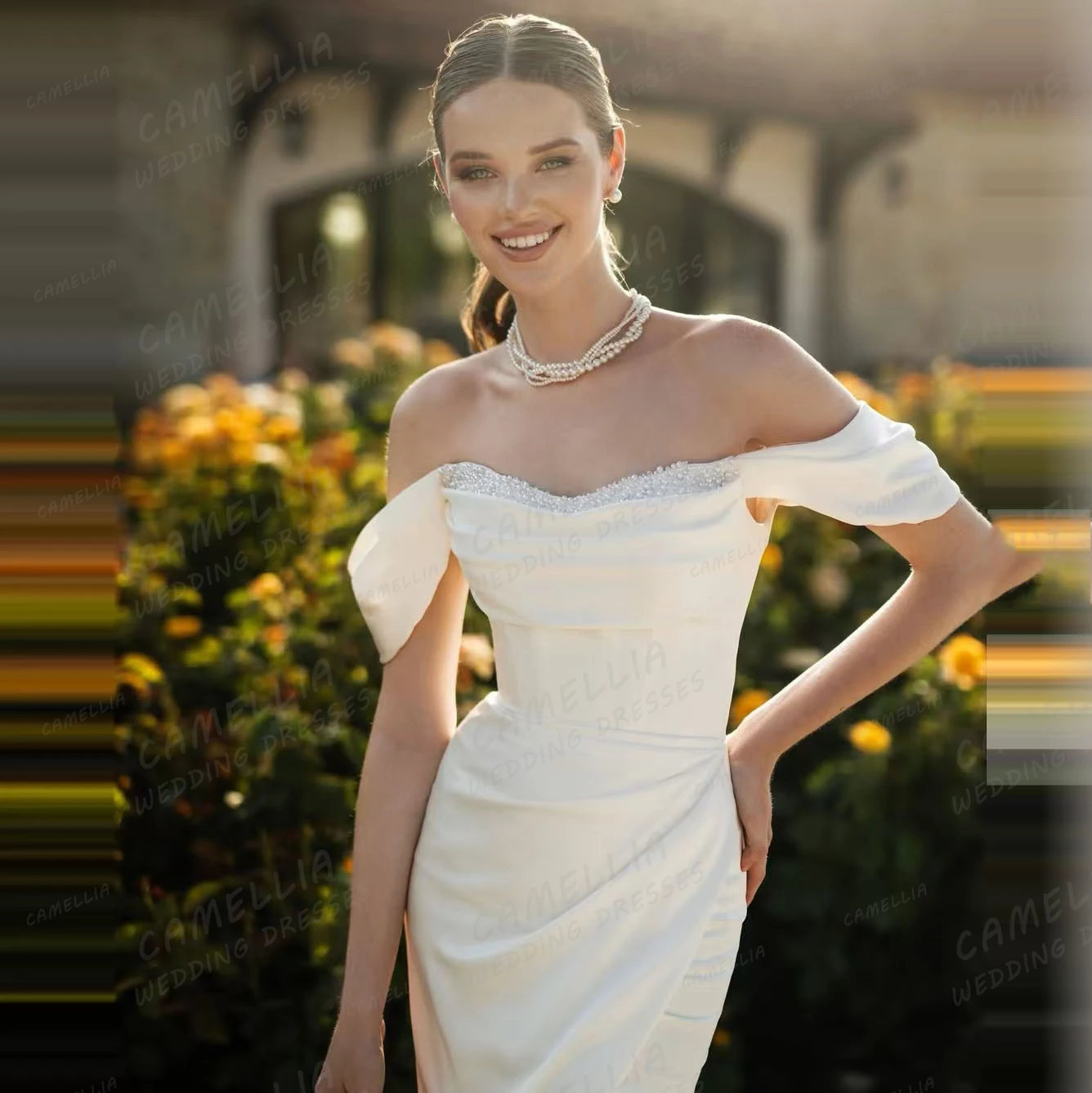 Vestidos de casamento simples sereia feminina sexy fora do ombro sem mangas varredura trem barco pescoço vestidos de noiva de cetim personalizado