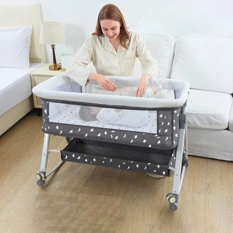 Baby Crib Cradle Splice Queen Bed Newborn Bed Bassinet Baby Shaker Foldable Multi-functional Infant Cradle with Changing Table