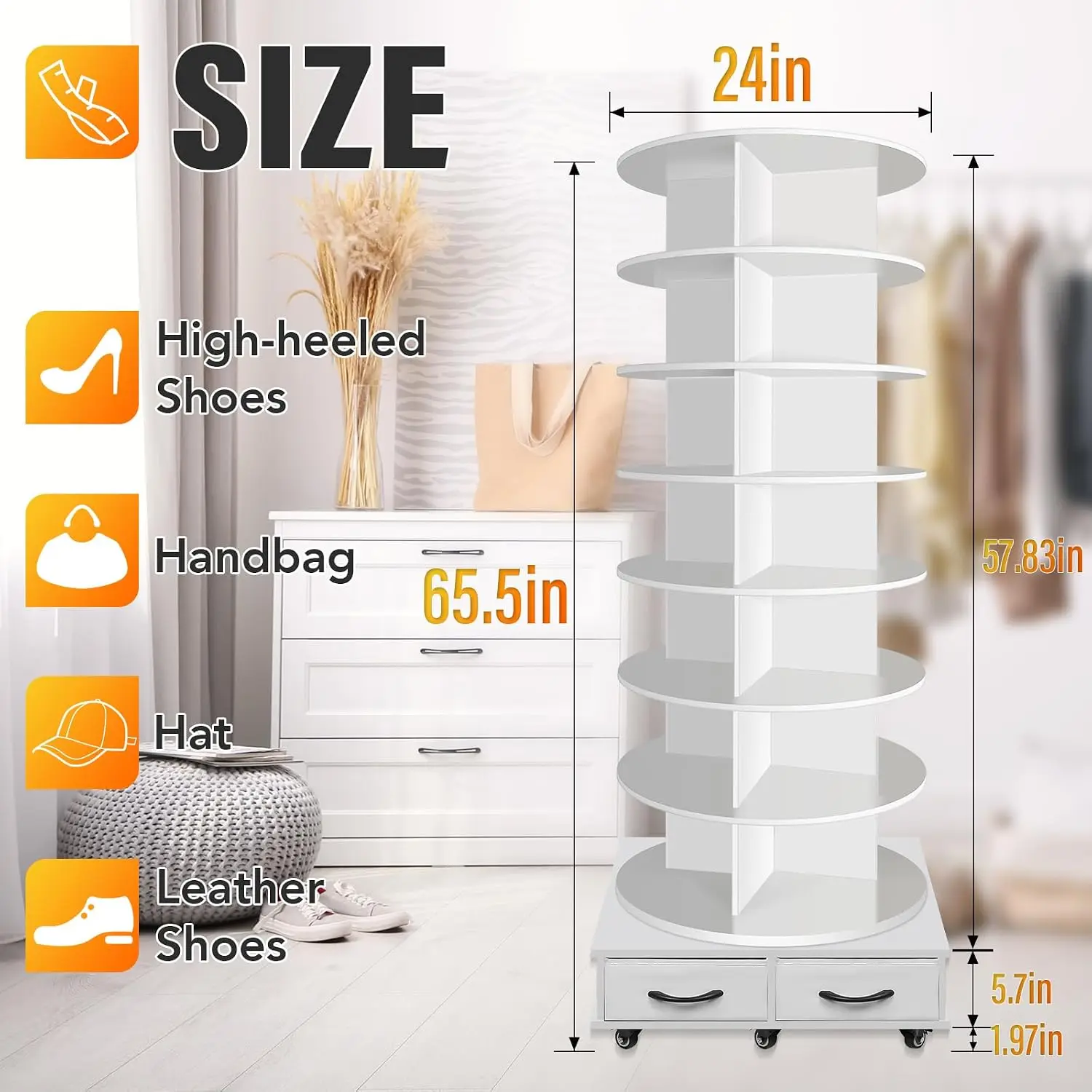 8 Tier Rotating Shoe Rack Tower with 2 Drawers, 360 Degree Revolving Shoe Organizer, Space Saving Vertical Shoe Storage Shelf for Entryway Bedroom Closet