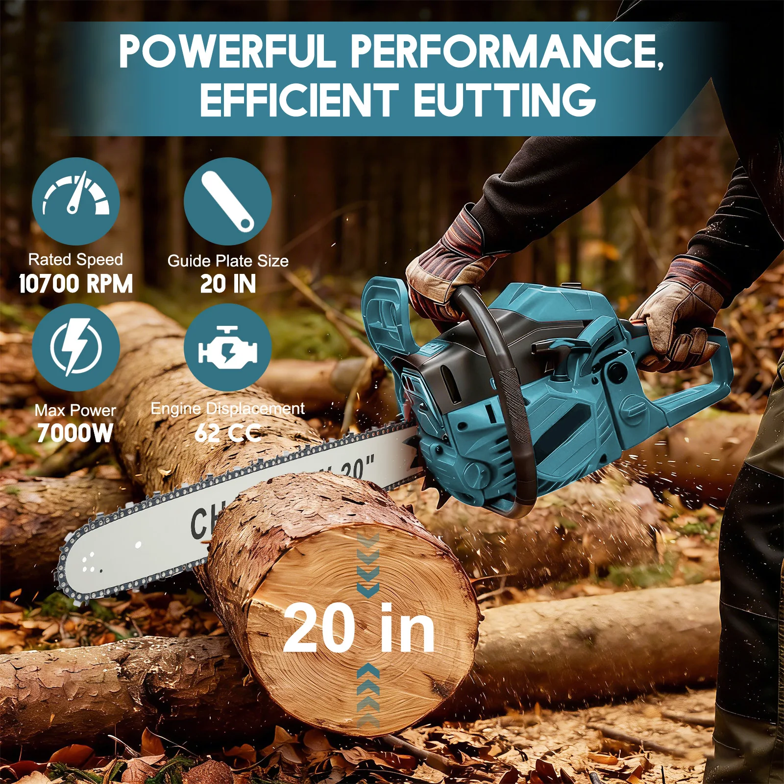 20-Inch Cordless Gas Chainsaw Handheld 10700 RPM 2-Cycle 62CC Chain Saw 3.4HP for Farm/Garden/Ranch/Heavy-Duty Wood Cutting