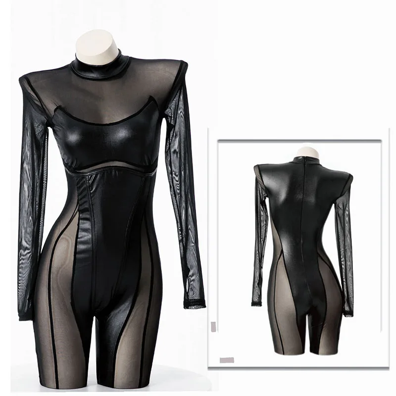 Black Punk Girls Cat Woman Agents Combat Uniform Tight Jumpsuit Cosplay Movie Game Virtual World Alien Robot Mesh Hollow Costume