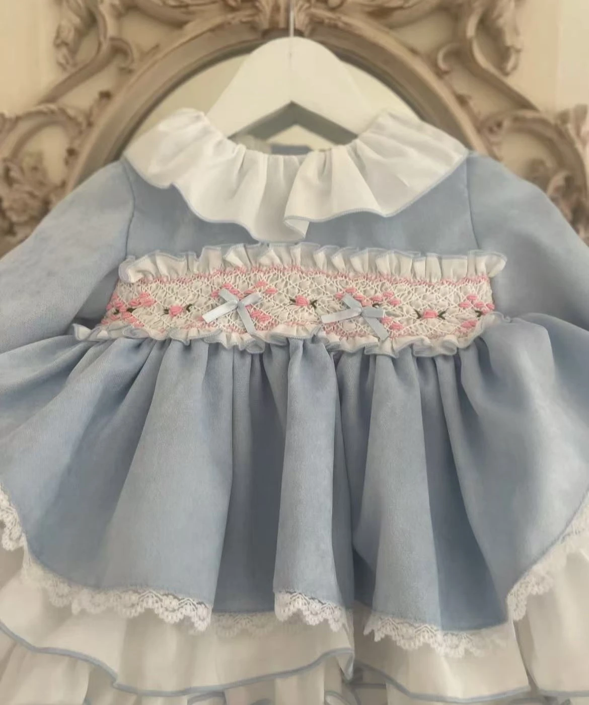 0-12Y Baby Girl Autumn Handmade Smocking Blue Velvet Vintage Princess Dress for Birthday Photography Holiday Eid A312