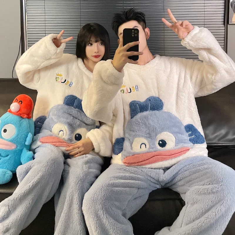 Cartoon Sanrio couple pajamas winter plush warm round neck loose jade cinnamon dog two-piece loungewear women\'s pajamas set