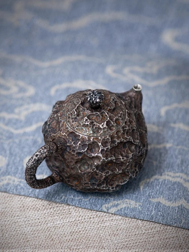 Pure Silver 99.9% Tea Pot Handmade One Stone Pattern Insulated Silver Pot Meteorite Pit Wormhole Pot