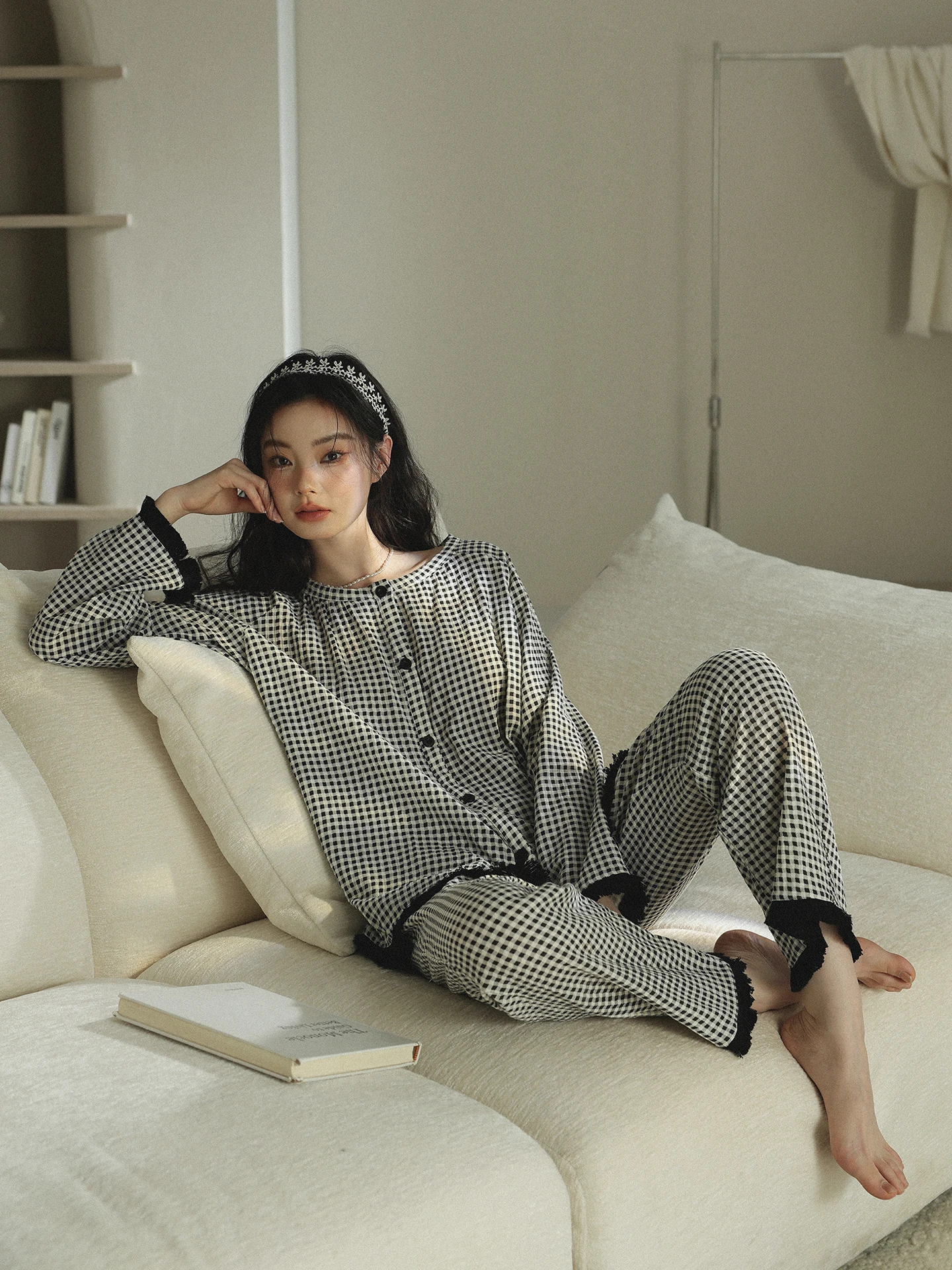 pure-cotton-long-sleeve-baby-girl's-nightgown-set-spring-autumn-plaid-cotton-yarn-home-clothes-cardigan-style-outwear-suitable