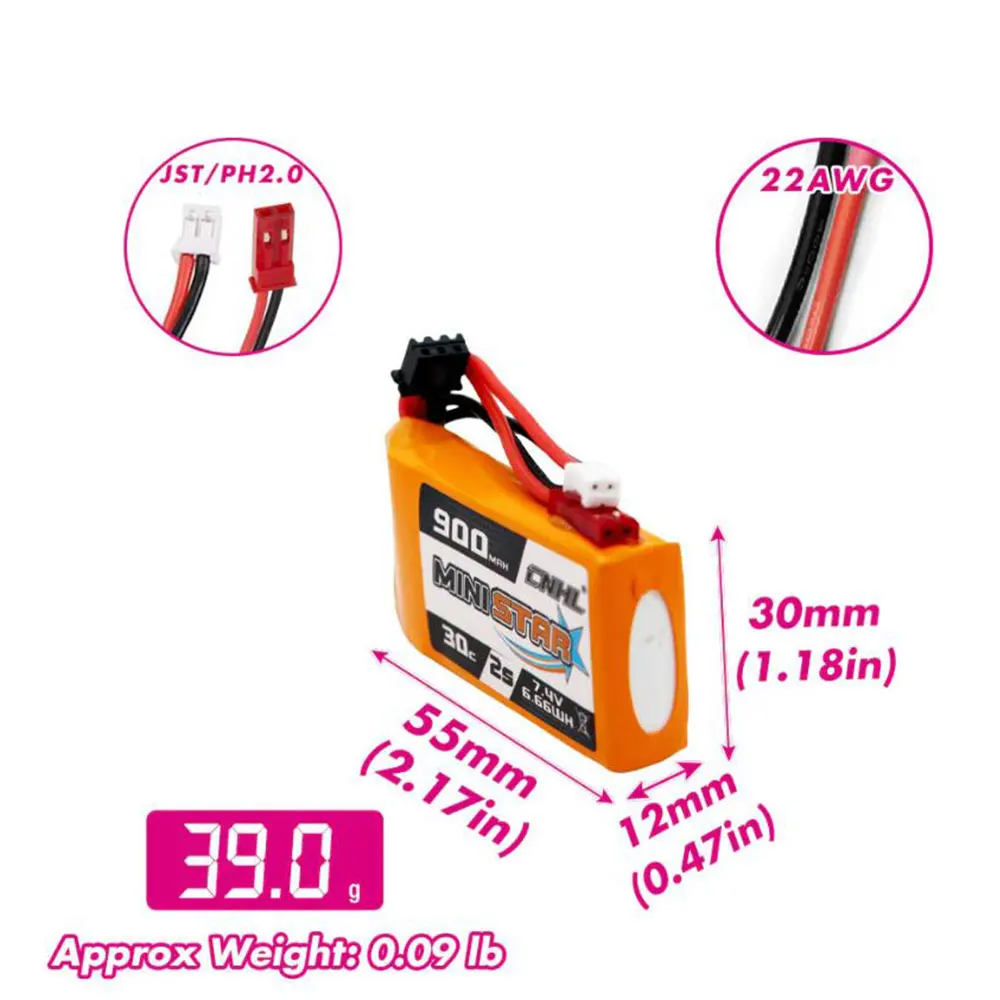 CNHL MiniStar Lipo Battery 2S 900mAh 7.4V 30 With PH2.0 & JST For Mini Quad FPV Drone Quadcopter Helicopter Airplane