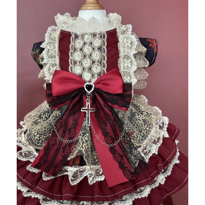 Retro Palace Style Pet Dog Clothes Luxury Handmade Crytal Cross Bow Princess Dresses For Small Medium Dog Poodle outfits puppy