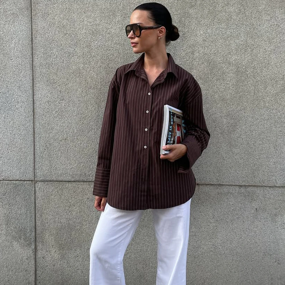 

Tuularose Vintage Striped Shirt Womens Fashion Clash Loose Casual Basic Shirt Top Fashion Commuter Streetwear Female New Blouses