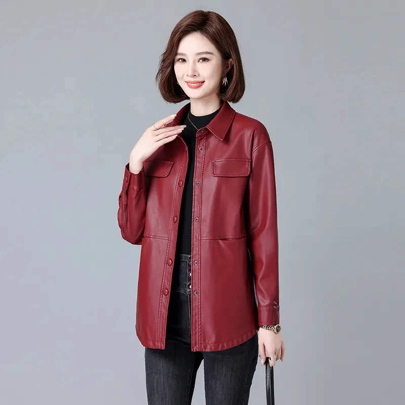 High-quality Women Leather Jacket Spring Autumn New Fashion Mid-Long Leather Coat Middle Aged Mother Casual Faux Leather Outwear