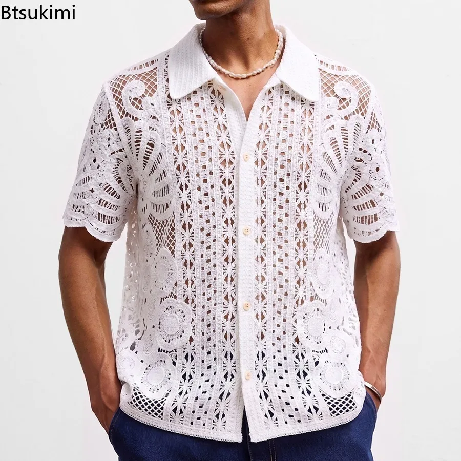 New Retro Ethnic Style Men's Knitwear Cardigans Tops Urban Fashion Hollow Out Crochet Shirts High Quality Jacquarded Polo Shirts