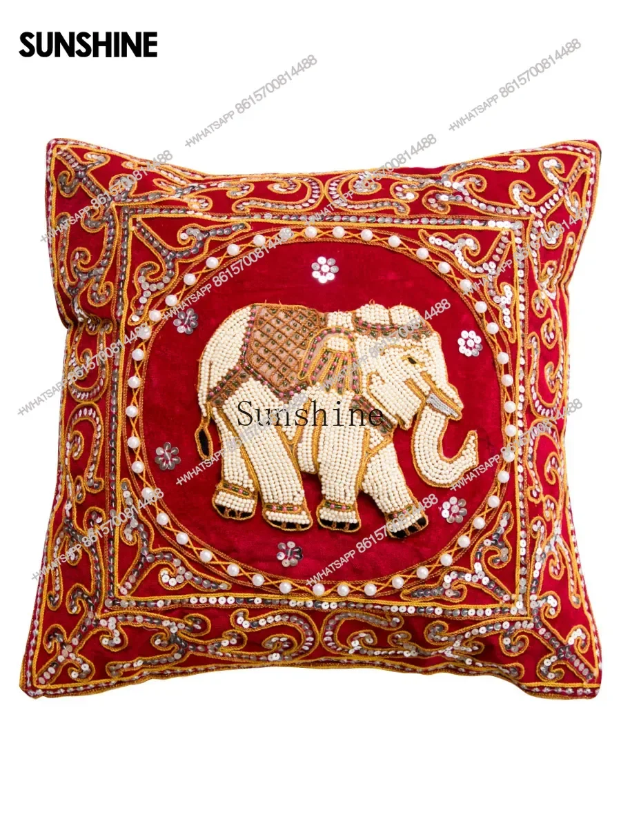 South East Asia style fabric throw pillow, handmade embroidered bead elephant waist pillow, household sofa cushion with coreX