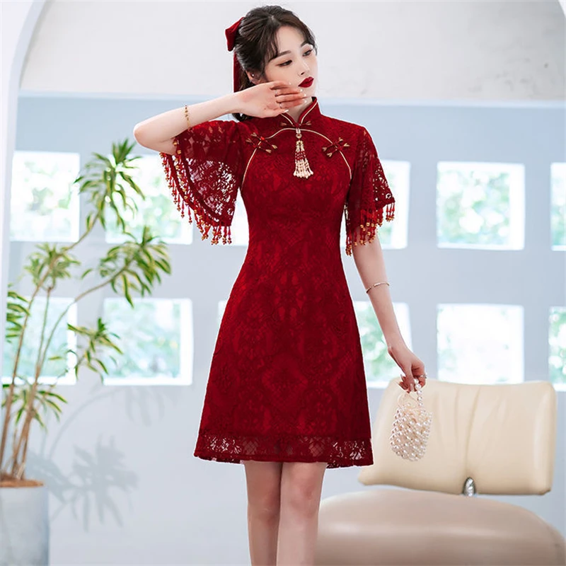 

Chinese Style Burgundy Mandarin Collar Improved Qipao 2022 Women Formal Short Sleeves Tassels Toast Clothing Robes De Soirée