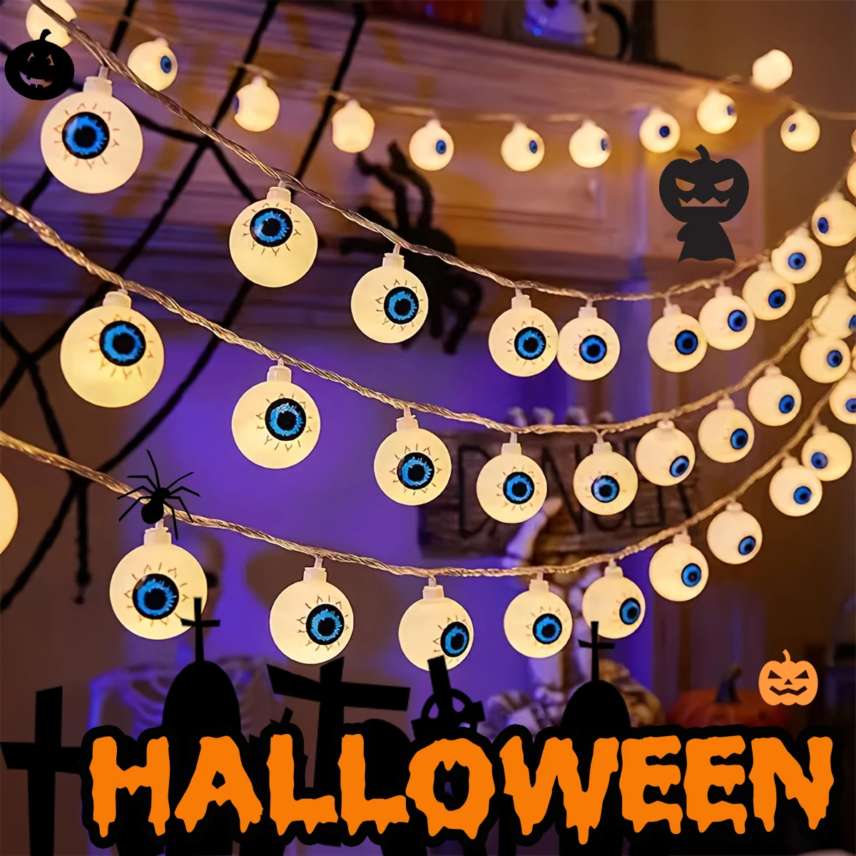 Pop Halloween LED Lights Halloween Eyeball String Lights Decorations Battery Operated Scary Halloween Lights Indoor Outdoor Part