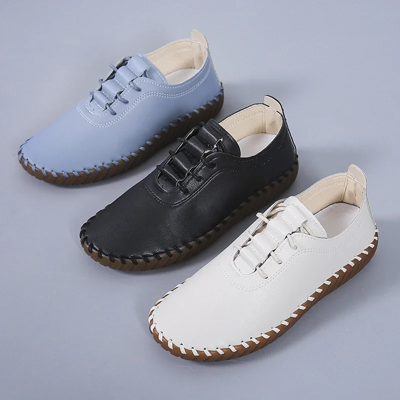 Newest Woman Flats Casual Sew Oxford Shoes Female Lace Up Leather Single Shoes Comfortable Moccasins Loafer Shoes Plus Size