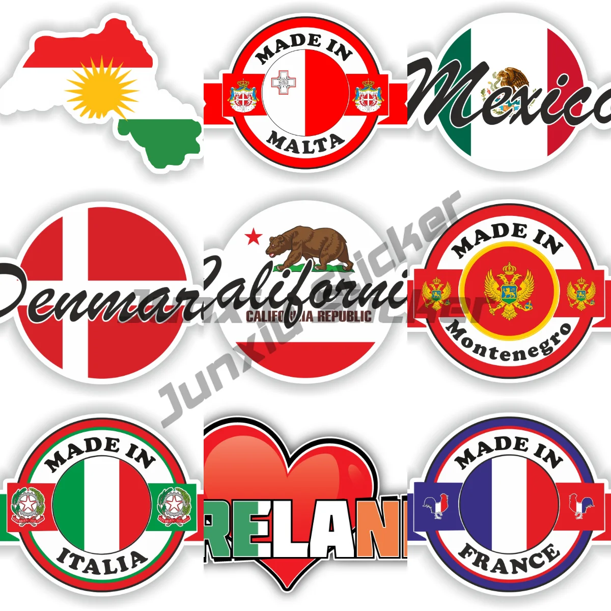 

California Denmark France Ireland Italia Kurdistan Malta Mexico Montenegro Round Flowers Car Sticker Vinyl Self-adhesive Decal