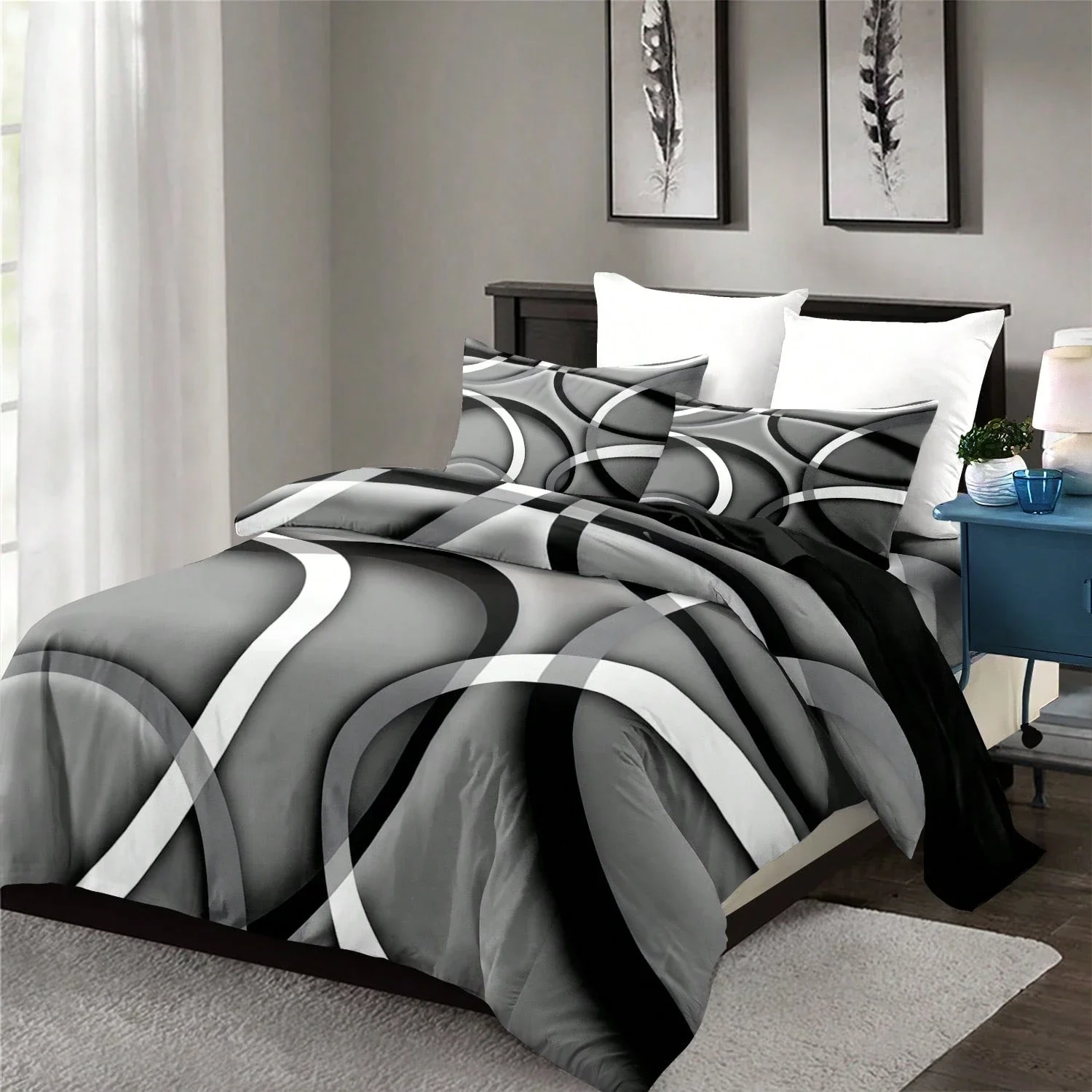 3pcs Modern Abstract Geometric Lines Duvet Cover Black, White And Grey Bedding Set Swirls Printed For Adult Single Full Size