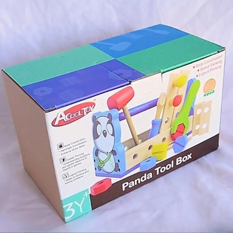 Engraçado caixa de ferramentas de reparo de panda de madeira crianças carpinteiro construção segura chave de martelo de madeira adereços conjunto menino fingir jogar brinquedo de jogo