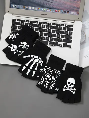 1pcs New Kids Halloween Skeleton Skull Half Finger Luminous Punk Gloves Winter Skull Fingerless Black Mitten
