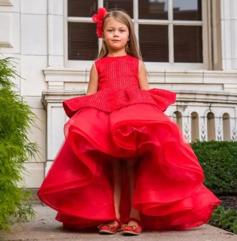 New Red Tulle Girl Dress Shiny Top Flower Girls Dresses Baby Girls Party Princess Christmas Gown Birthday Outfits