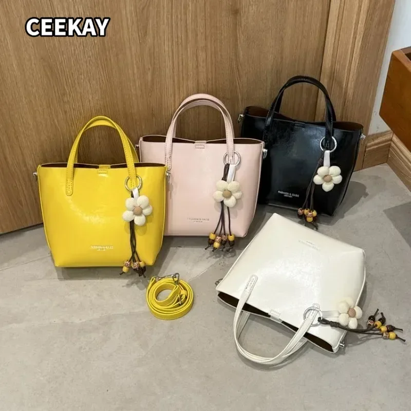 CEEKAY Women's Handbag Yellow Glossy PU Leather Small Top Handle Bag Flower Pendant Crossbody Strap Daily Casual Sweet Style