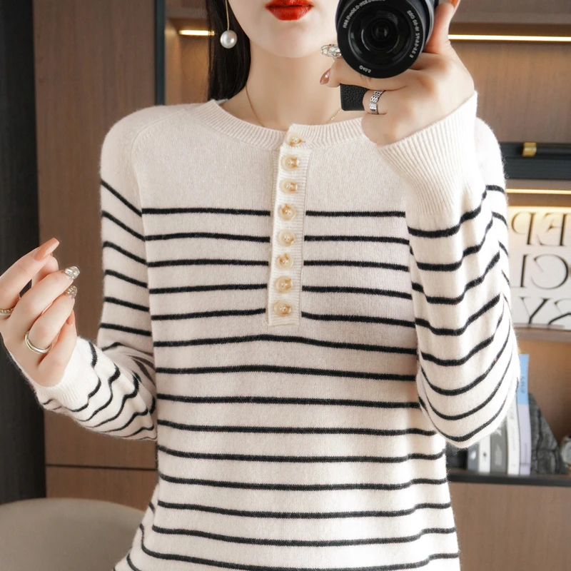 

Women New Wool Blend Sailor Sweater Round Collar Stripe ​Pullover Autumn Winter Bottoming Shirt Casual Warm Knitting Tops