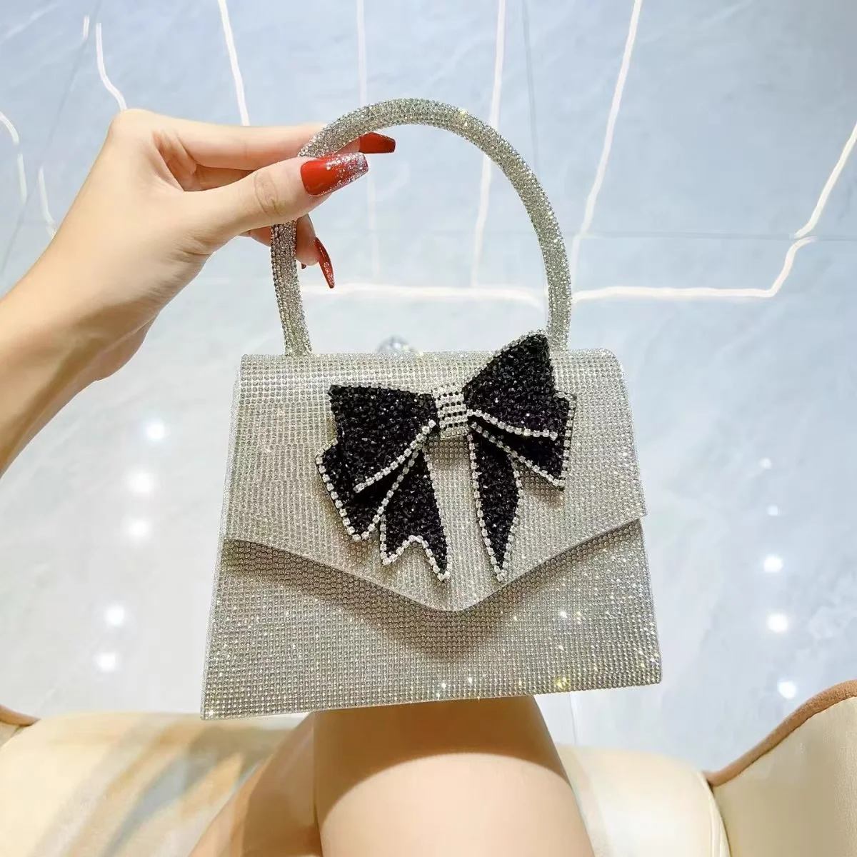 Luxury Glitter Shiny Rhinestone Diamond Square Bag Bow Knot Evening Bag Wedding Party Clutch Purse Women's Handbag Shoulder Bag