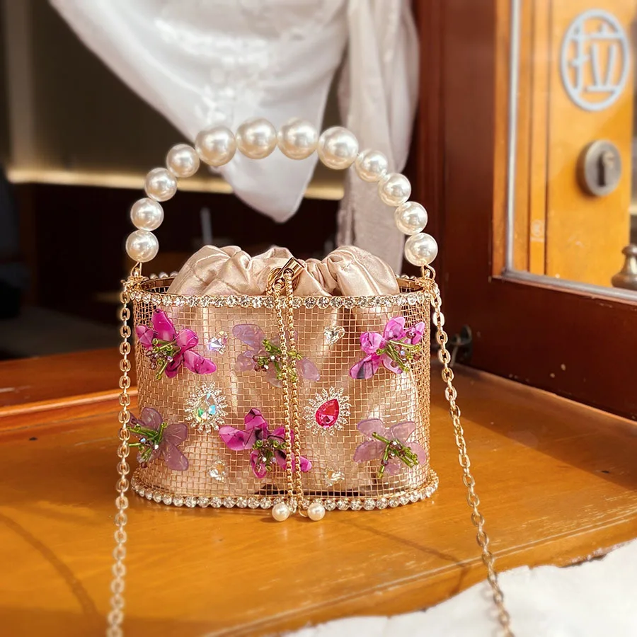 French Retro Metal Diamond-Encrusted Fresh Flower Pearl Vegetable Basket Bag Dinner Bag Bucket Messenger Bag
