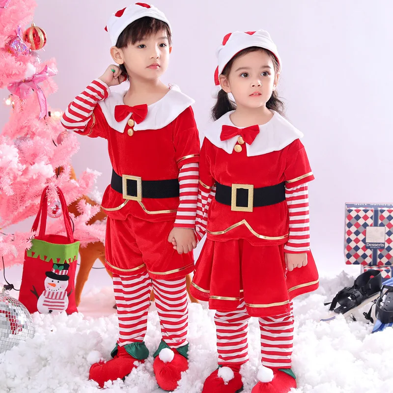 Kids Christmas Cosplay Costume Santa Claus Children Baby Xmas Outfit 5Pcs Sets Dress Pants Tops Hat Shoes Belt For Boys Girls