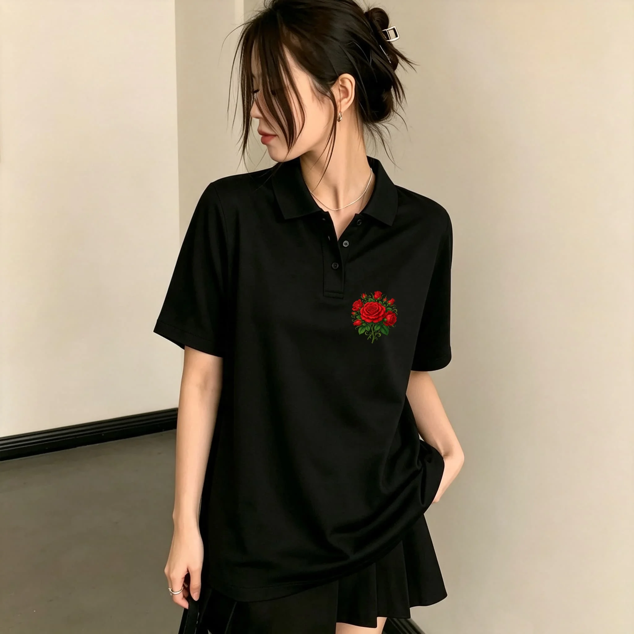 Relaxed Fit Women’s Black Polo Top Vintage Red Rose Cluster Embroidery Short Sleeve Breathable Fabric Everyday Street Commute Outfit Blouse