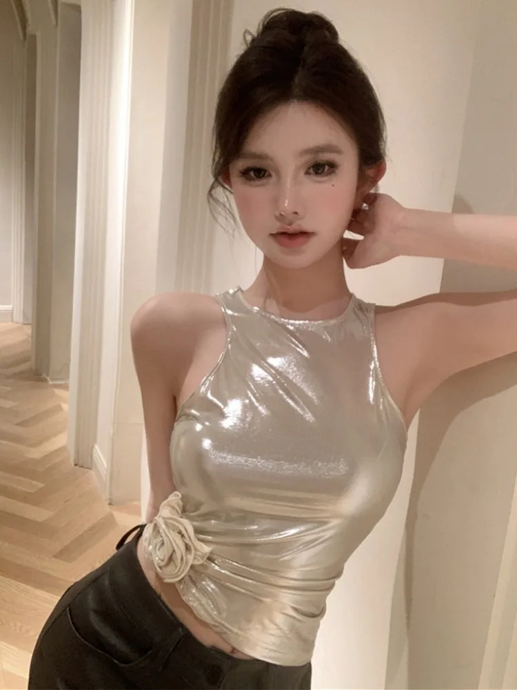 Summer and Autumn Silver Three-Dimensional Rose Tight Fitting, Sexy Short Tops for Wearing Outside Sleeveless Vest for Women