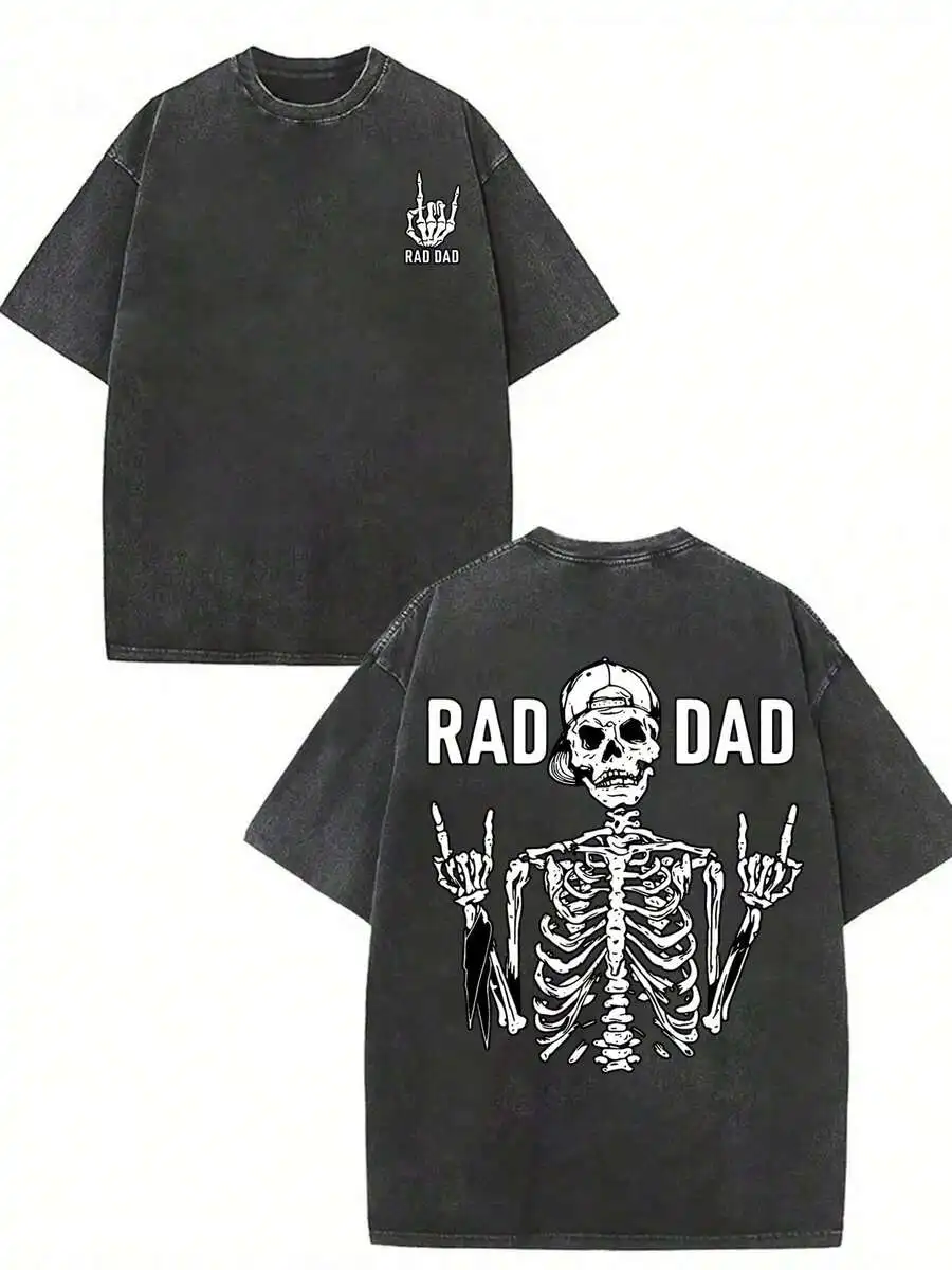 GLEC RAD DAD Men's Retro Graphic T-Shirt – 'I Have A Great Dad' Design Featuring Skull and Gesture, Classic Street Style, All-Season Comfort, Soft 230g Washed Cotton, Perfect for Summer Wear