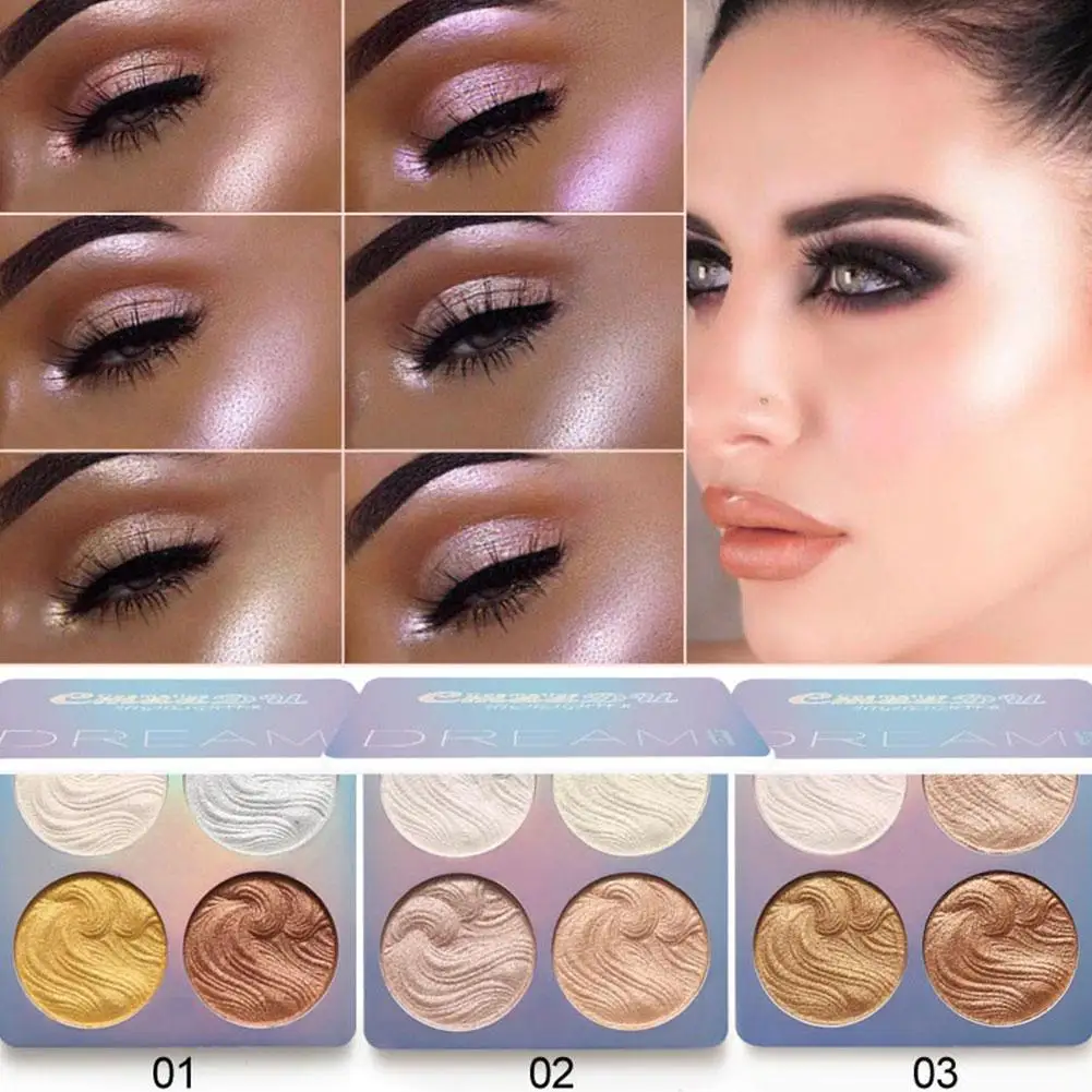 4 Colors Waterproof Face Baked Highlighter Palette Makeup Skin Brighten Contour Luminous Long Lasting Shiny Bronzers Powder M3f6
