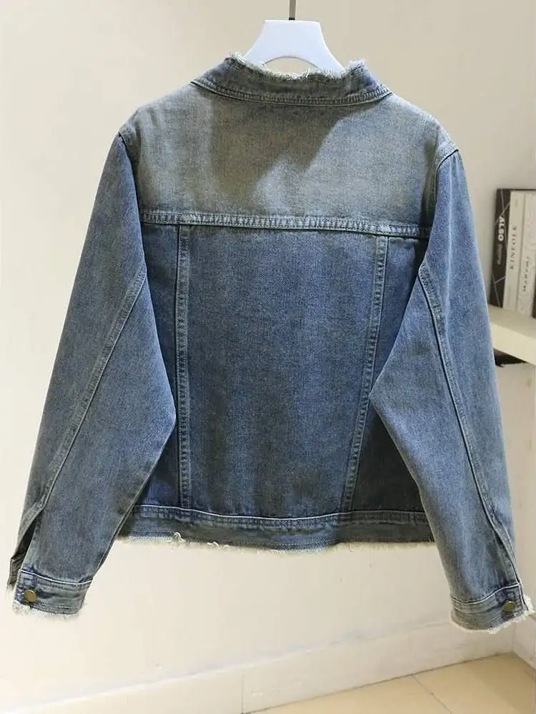 

Retro Hem Waed Denim Jaet Women's ort Loose Sle Spring Autumn New Arrival Versatile ort Coat round Ne Button Closure