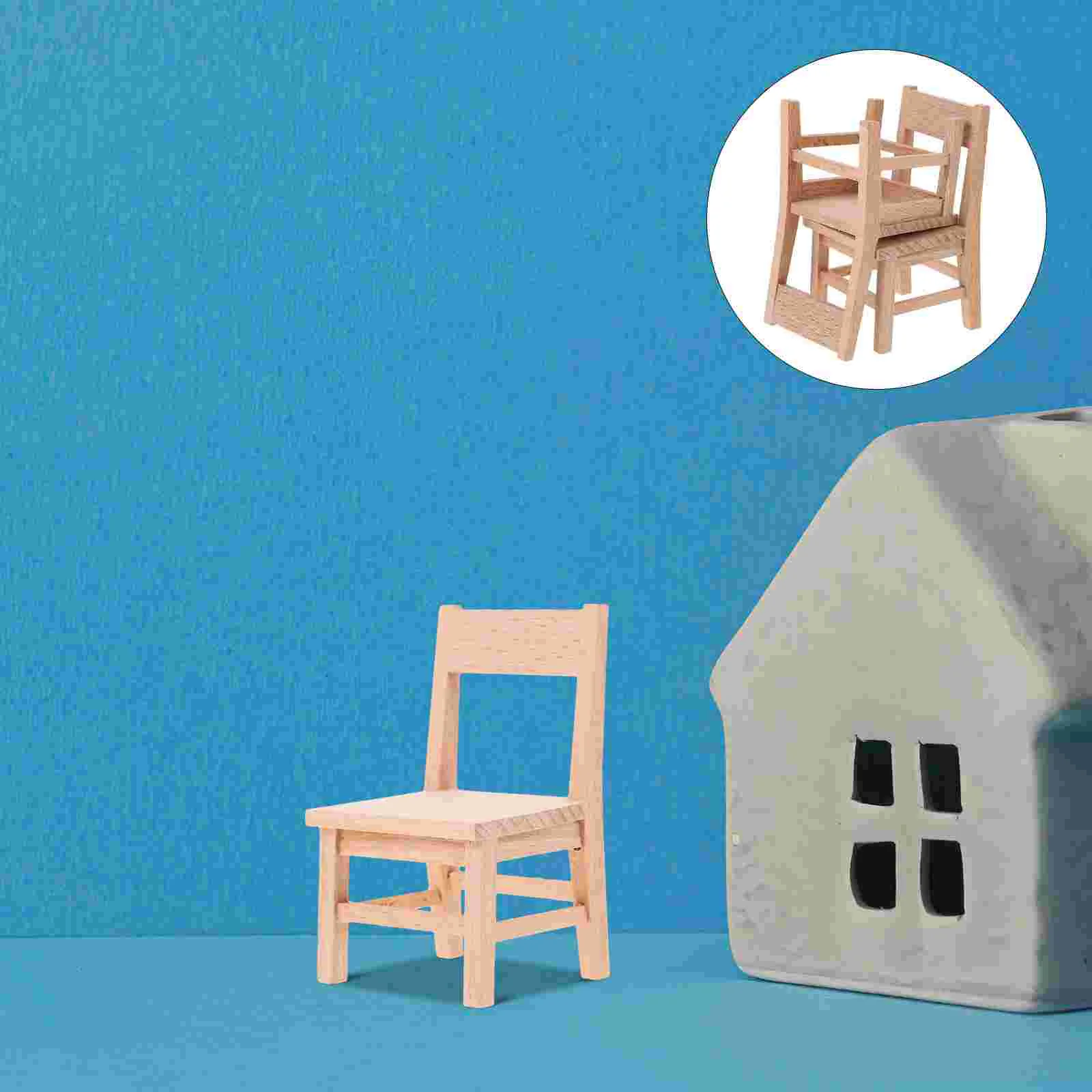 2 Pcs Mini Small Wooden Chair Model Miniature Furniture Delicate Toy Lovely Beige Toddler