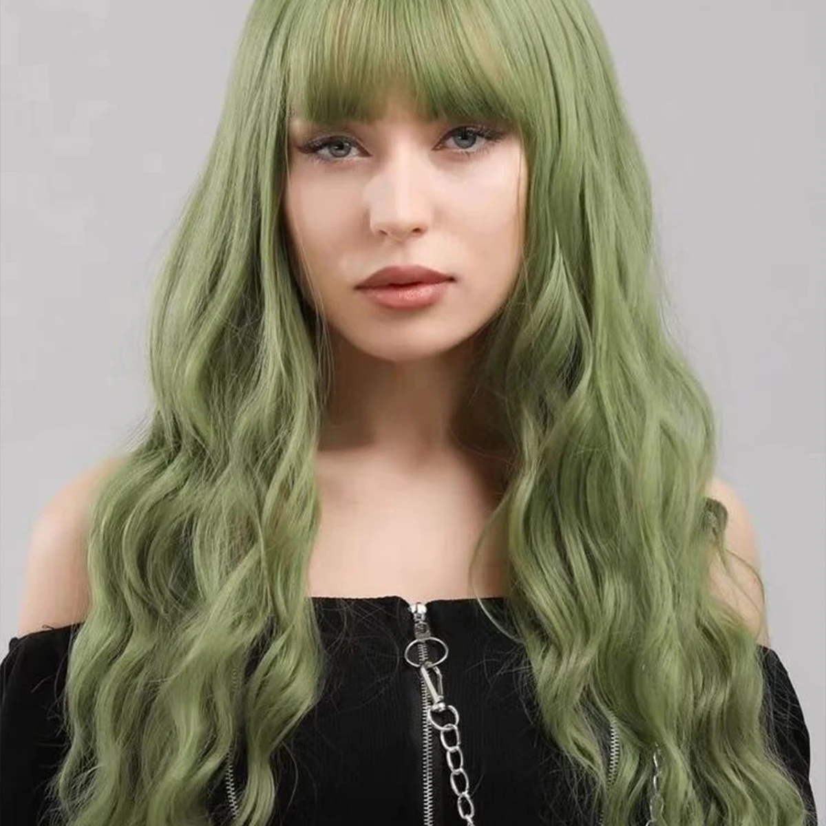 

Длинный зеленый парик с челкой, вьющийся зеленый парик с омбре для женщин, длинный темно-зеленый парик для косплея, синтетический натуральный вид на каждый день