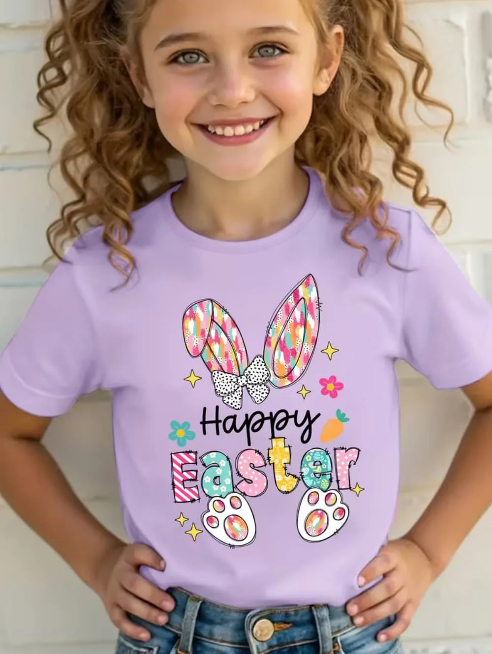 

Happy Easter Bunny Cartoon Pattern Print Girls T-Shirt Summer Short Sleeved T-Shirt for Kids Fashion Festive Gifts Comforty Top