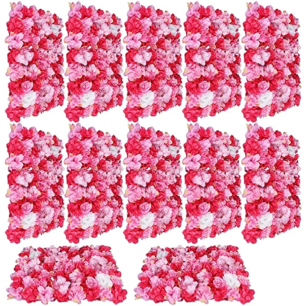 12pcs Artificial Flower Wall Panel Background 3D Dark Pink Silk Dahlia Rose Flowers Wall Backdrop for Wedding Event Wall Decor