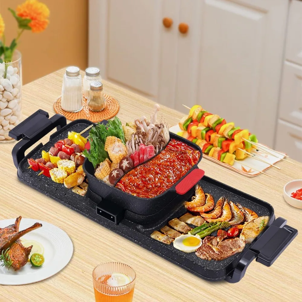 BBQ Hotpot 2 in 1 Dual Control Shabu Shabu Indoor Korean BBQ Hotpot with Grill Portable Multifunctional Smokeless Stovetop