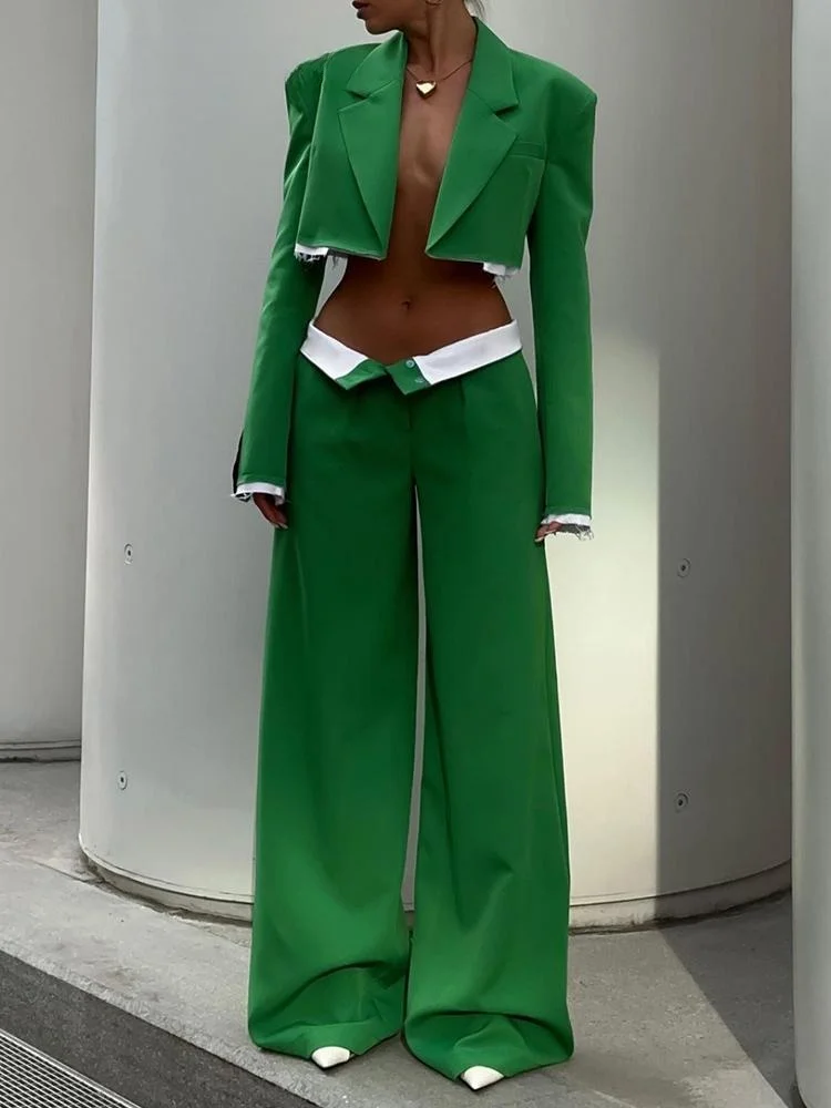 Conjunto de dos piezas ultracorto para mujer, Blazer de manga larga con cuello con muescas y pantalón de pierna ancha de cintura alta, color verde,