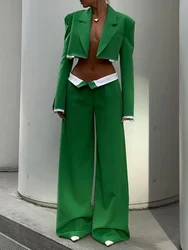 Green UltraShort Two Piece Sets For Women Notched Collar Long Sleeve Blazer + High Waist Wide Leg Pant Loose Sets Female New2023